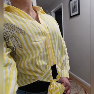 Yellow Striped Button-Up Shirt with Embellishment
